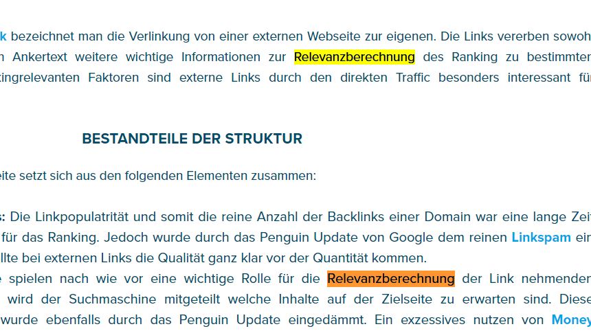 Markierung des Wortes Relevanzberechnung auf einer Website