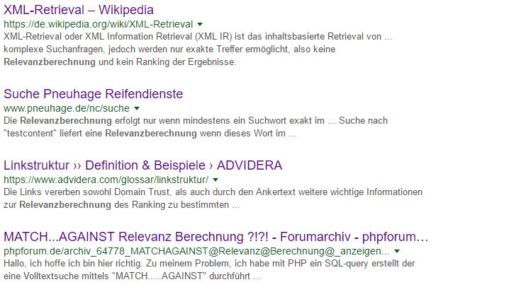 Liste von Suchergebnissen zur Stichwort Relevanzberechnung