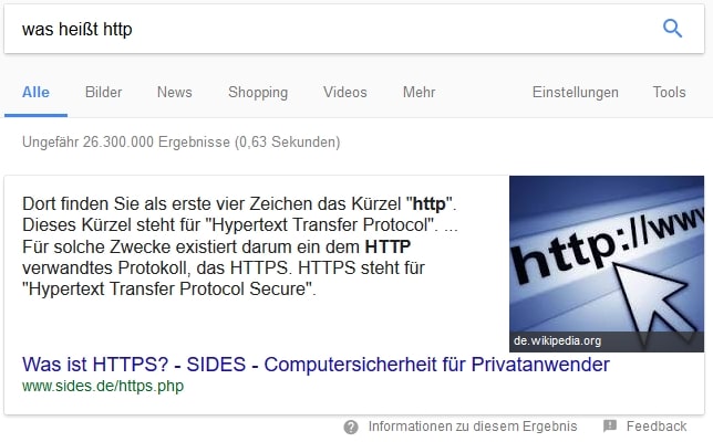 Featured Snippet in der Google Suche zu HTTP