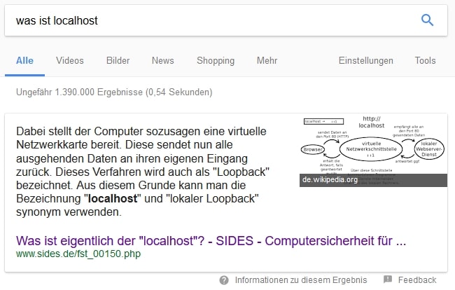 Featured Snippet in der Google Suche zu Localhost