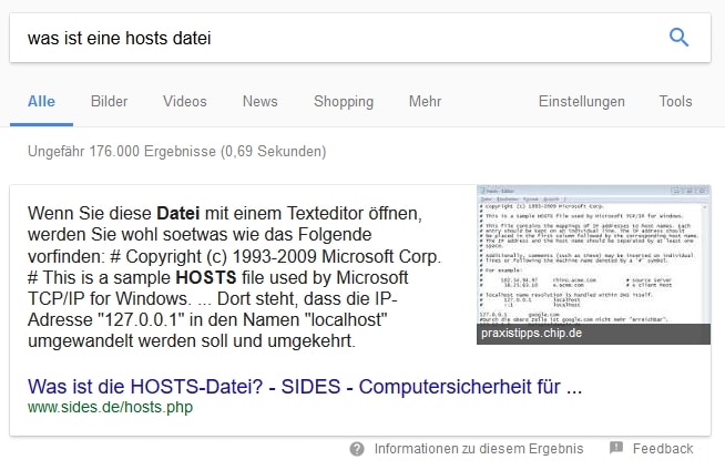 Featured Snippet in der Google Suche zu HOSTS Datei